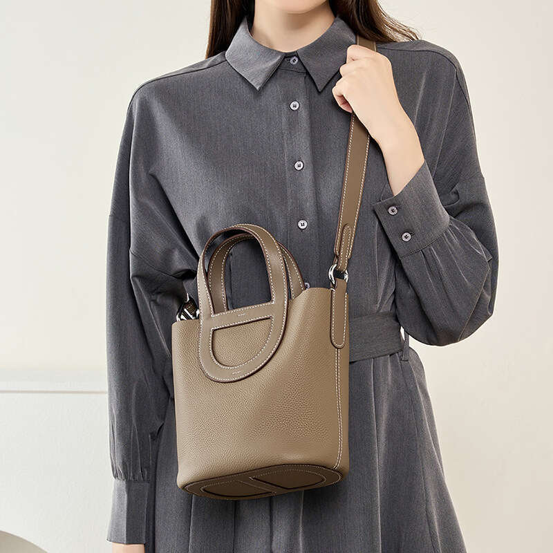 Top Layer Cowhide Basket Bucket Handheld Shoulder Crossbody Genuine Leather Women's Bag Trendy