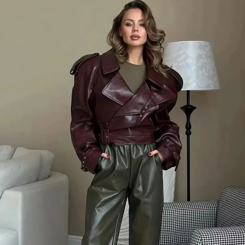 Talenza Women Vintage PU Leather Jacket Fashion Lapel Belt Patchwork High Waist Jacket Streetwear Casual Female Outwear 251029