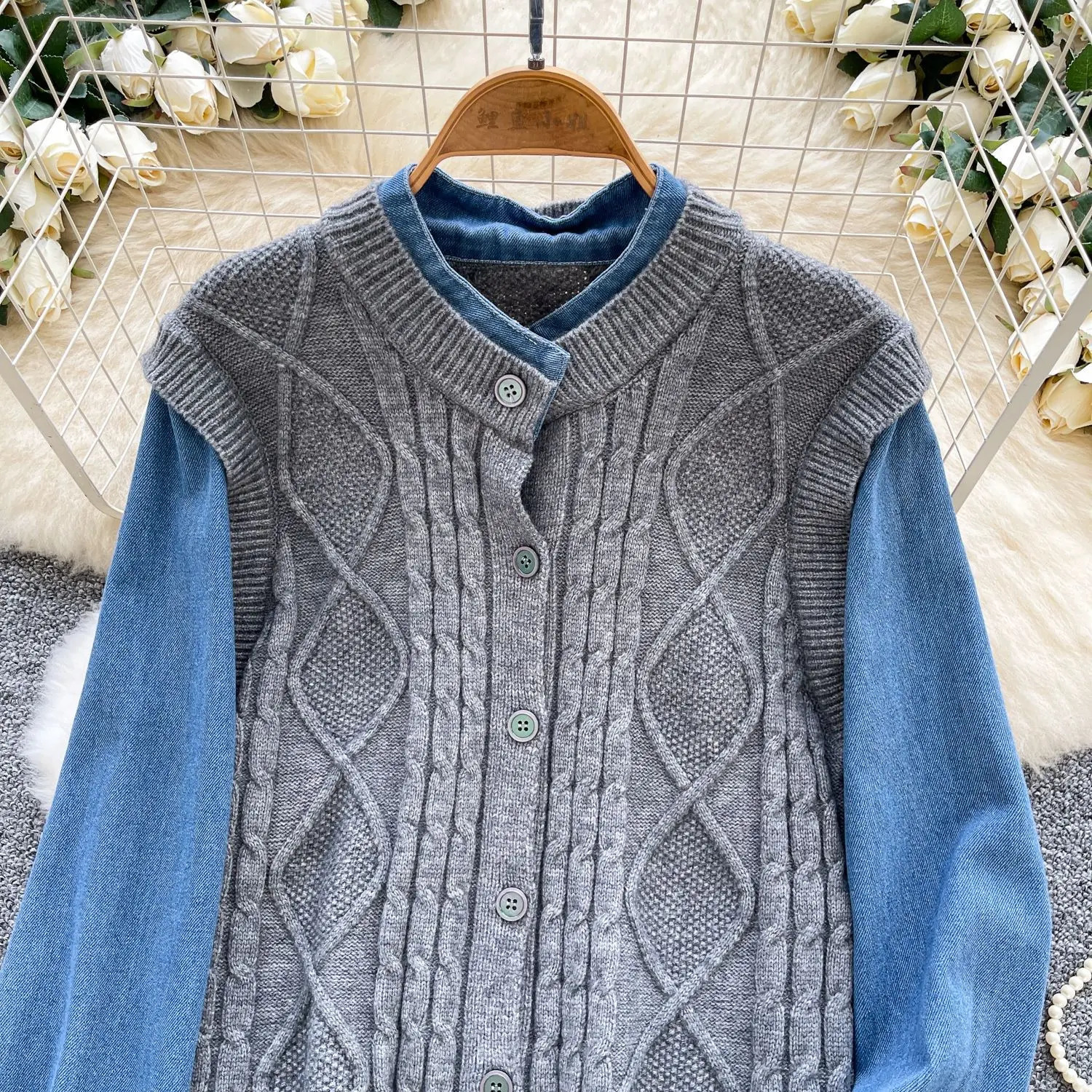 Cardigan Women Sweaters Coats Two s Jackets Full Sleeve Jumpers Y2k Streetwear Elegant Knit Denim Splice Autumn Winter 251029