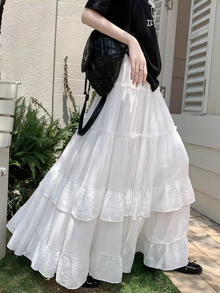 White Tiered Ruffle Hem Skirt 2025 High Waist Flowy ALine Maxi Skirt Summer Chiffon Layered Skirt with Pleats 251028
