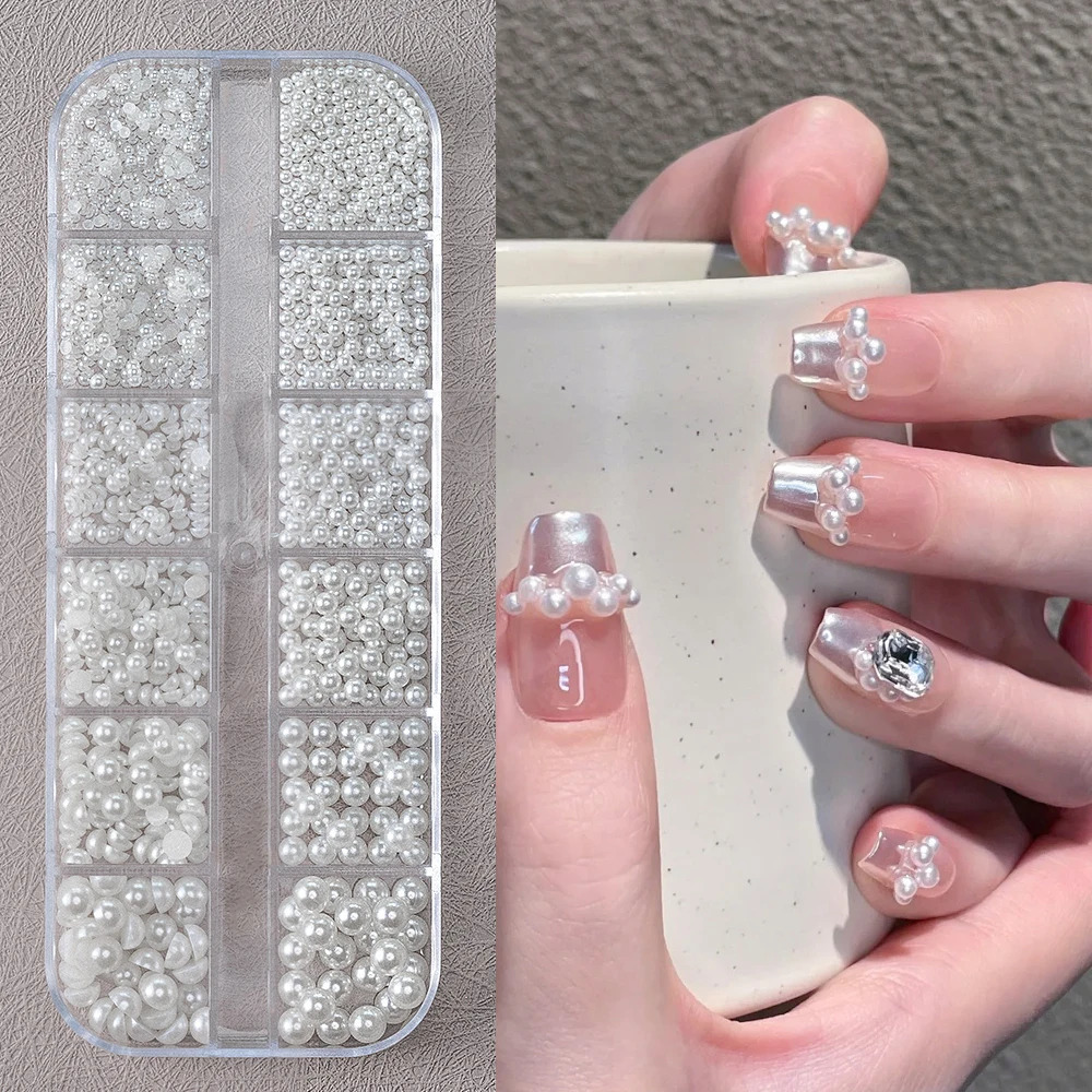 12Grids 3D Mixed White Pearls Nail Charms 01505mm RoundSemicircle Pearl Beads Nail Art Rhinestones DIY Manicure Accessories 251027