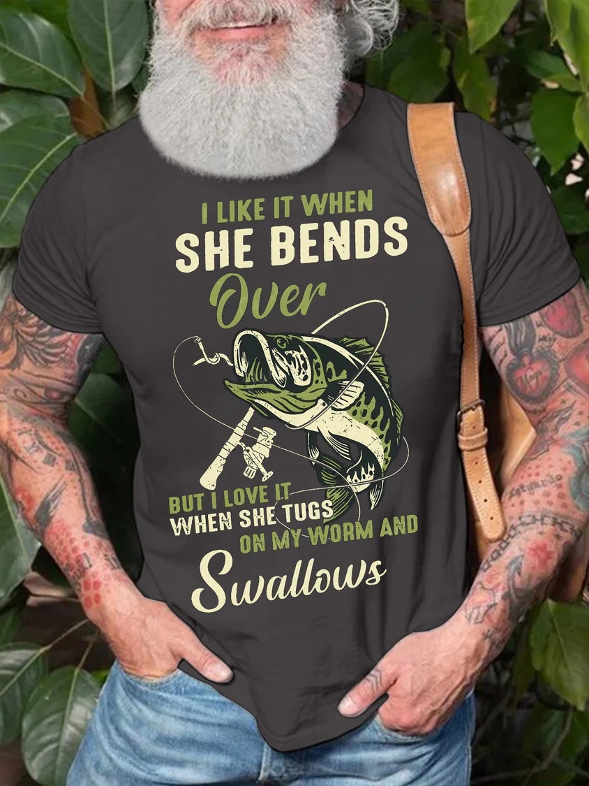 European & American Oversized Fishing T-Shirt with Fun Graphic Prints, Cotton Fabric, Text & Letters, Casual Style - TT7307