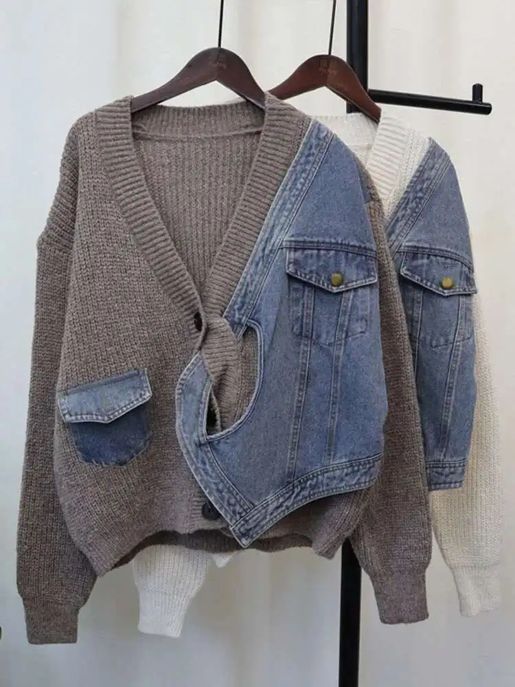 DEAT Spliced Denim Knitted Cardigan For Women Loose Casual Versatile Sweater Jacket Female Trend Autumn Items 33A2097 251029