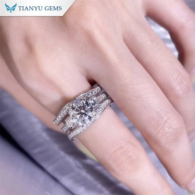 Tianyu Gems Customization 80mm 2ct Round HA Cut Moissanite D VVS1 14k White Gold Ring Set for Women Birthday Gift