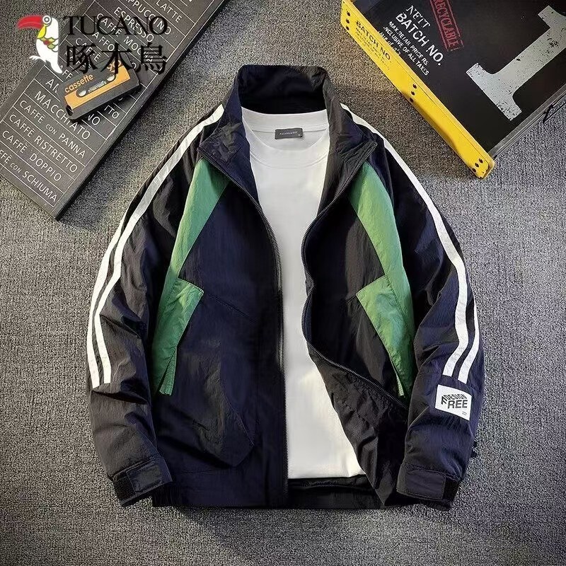 Spring New Men's Trendy Brand Zipper Jacket Stand Collar Workwear Designer Coat Jacket Color Block Casual Loose Sun Protection Clothing