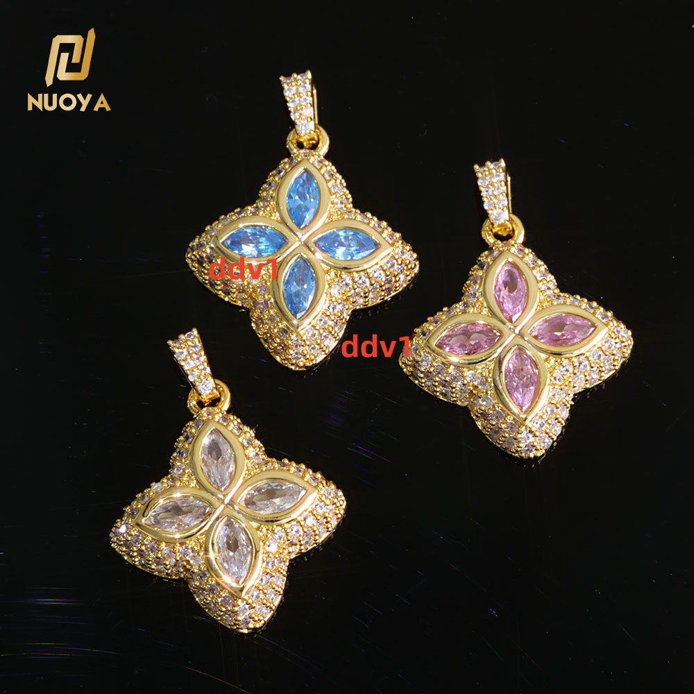 NUOYA Custom Hip Hop Fourleaf Clover Pendant Iced Out Colorful Moissanite Design Gold Plated Charm Pendant Fine Jewelry Designer's style