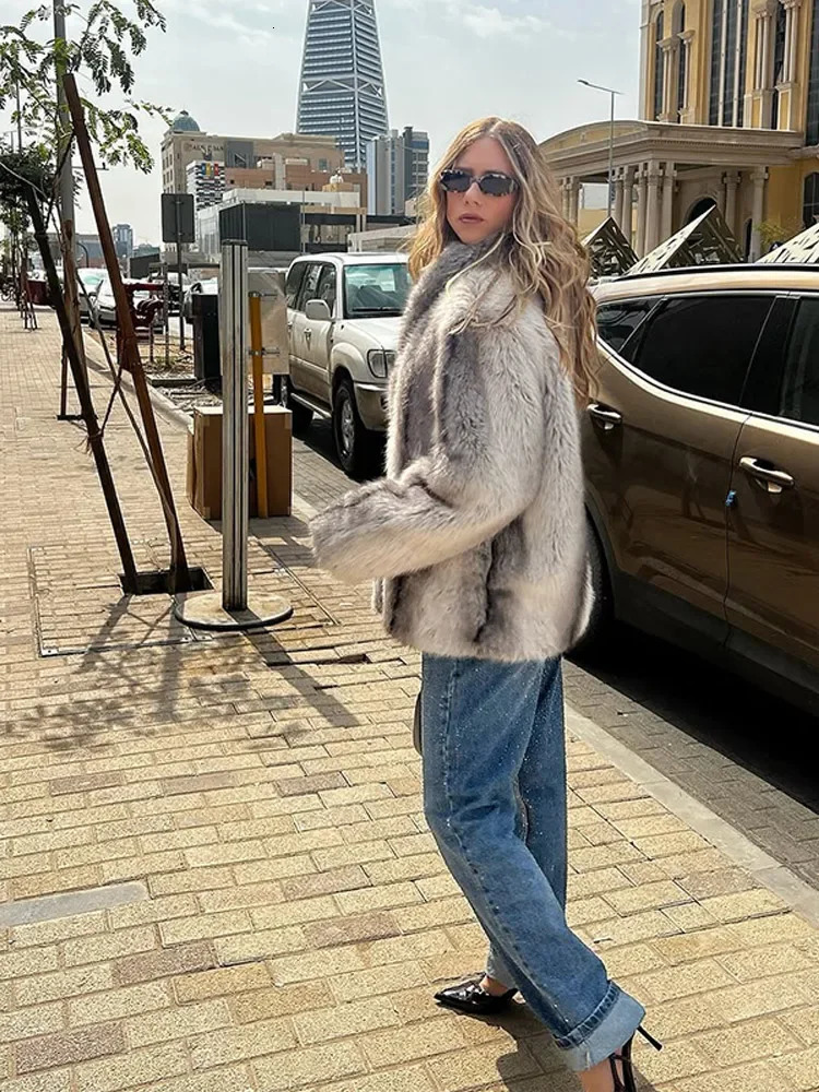 Elegant Printed Faux Fur Coats For Women Chic V Neck Long Sleeve Winter Jackets Ladies Warm Fashion Outerwears 251029