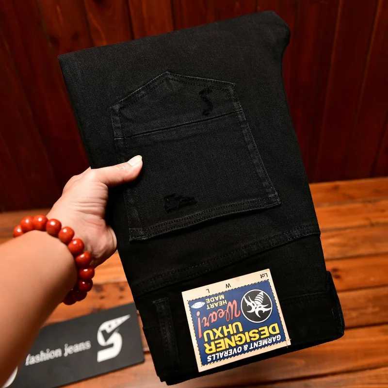 Black ripped jeans mens fashionable street trend American handsome retro nostalgic slim fit small leg denim pants J251030