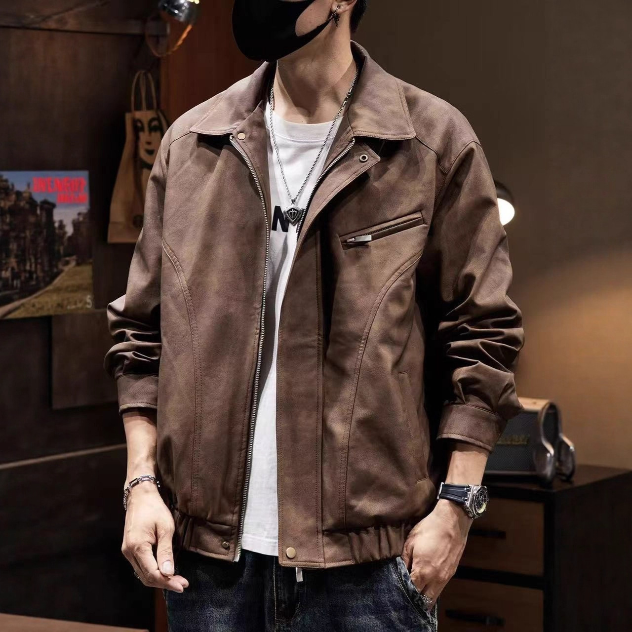 American Style Batik Workwear Leather Jacket Designer Jacket Men's Motorcycle Style Loose Trendy Brand Turn-down Collar Coat Men
