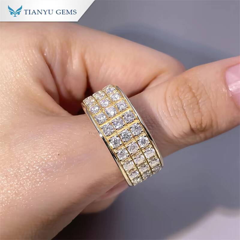 Tianyu Gems Luxury Design Threerow Lab Diamond Wide Version Yellow Gold Ring for Men