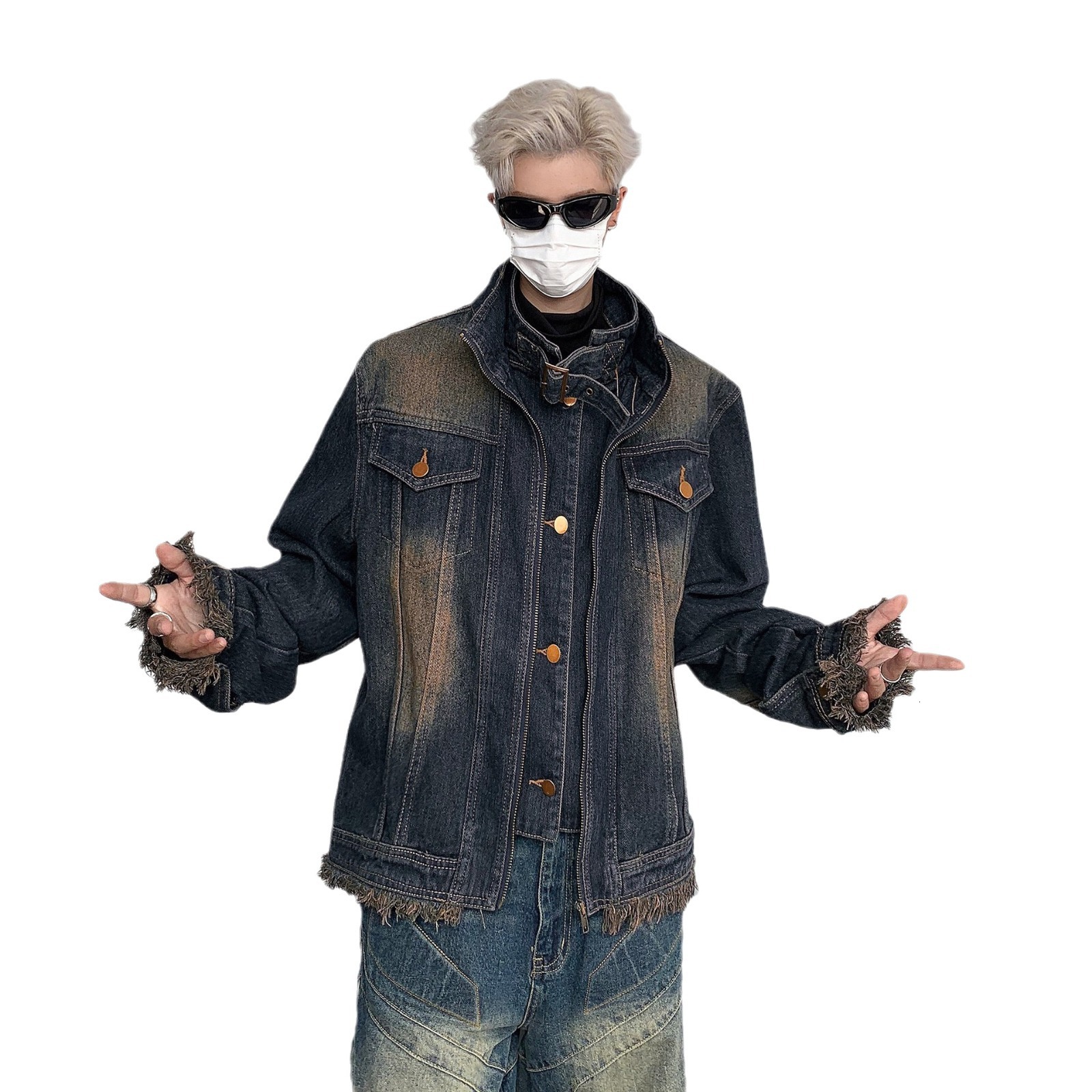 Spring And Autumn American Designer Jacket High Street Style Unisex Denim Jacket High-end Couple Motorcycle Trendy Brand Fake Two-piece Jacket For Men