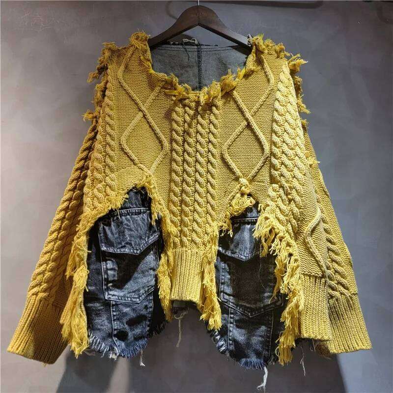 Women Pullover Long Sleeve Irregular Do Old Patchwork Pockets Vintage Washed Denim Sweater 2025 Summer New Fashion