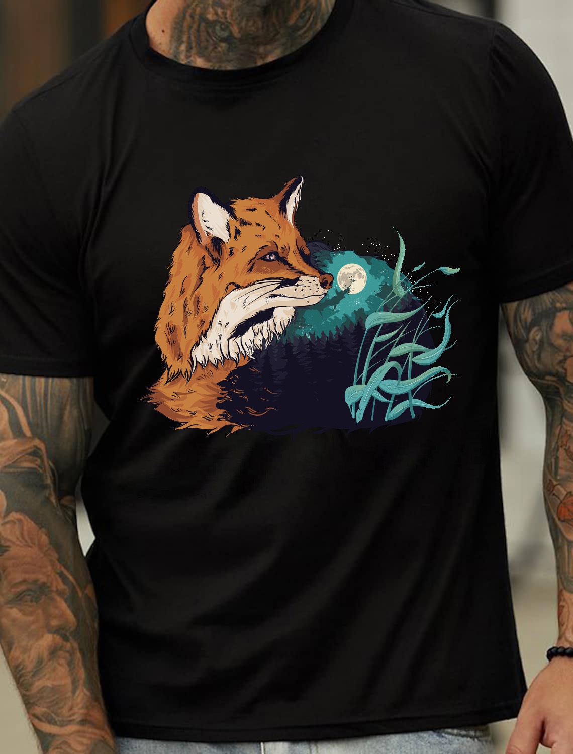 European and American Oversized Fox and Moonlight Print Men's Cotton Summer T-Shirt - TT7189