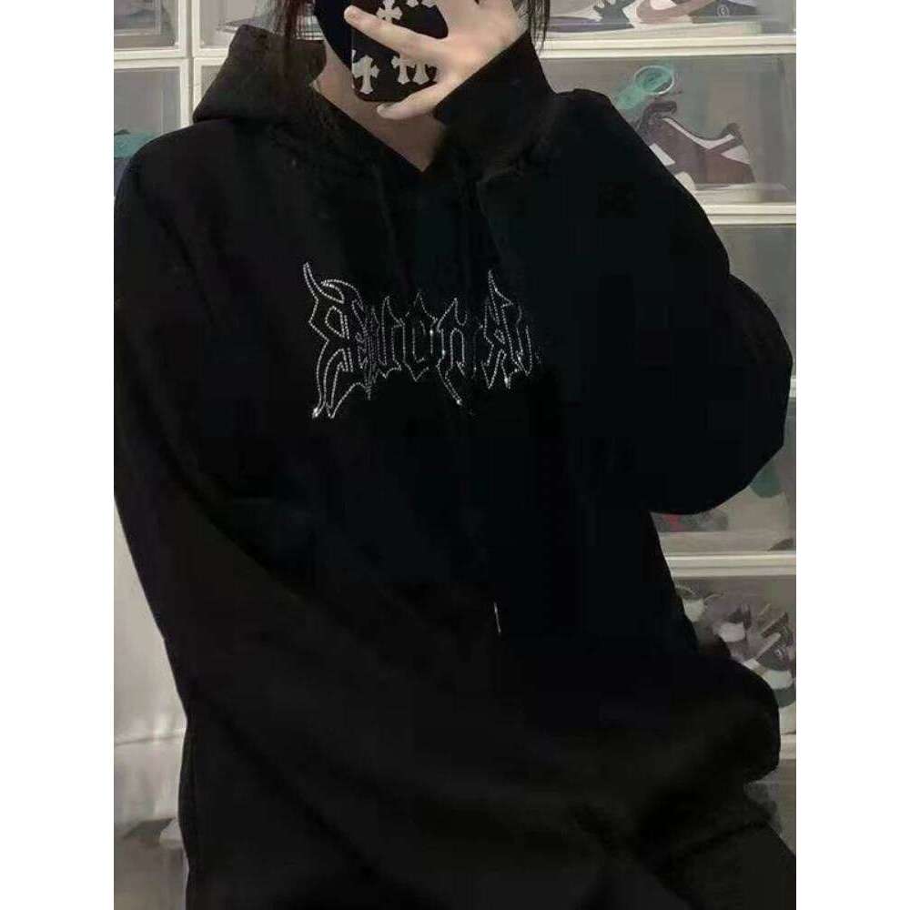 Warm Loose Baggy Sequin Rhinestone Hoodies Autumn And Winter Black Female Top Thick Cold Glitter Women's Hooded Sweatshirts Xxl