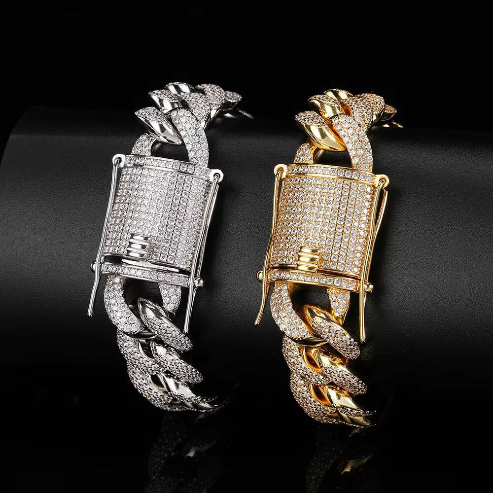 Nuoya Hip Hop Jewelry 15mm Bling moissanite Brass Cuban Link Hand Chain Bracelet for Men Iced Bracelet and Chain Designer's style