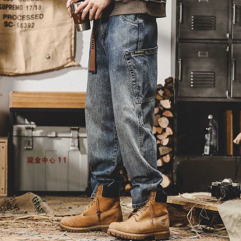 American Retro Jeans Men Autumn High StreetinsTrendy Cargo Pants Men Loose Fit Plus Size Straight WideLeg Pants J251030