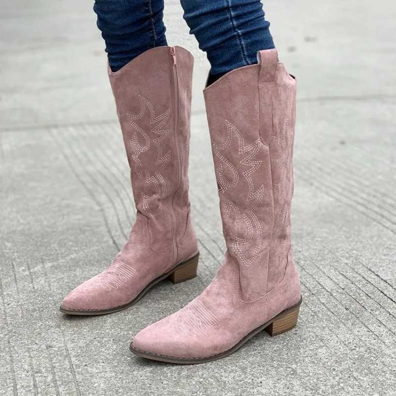 Embroidered Western Cowboy Boots for Women Autumn Pointed Toe Thick Heel High Knee Boots Woman Loose PU Leather Long Botas Mujer Z251029