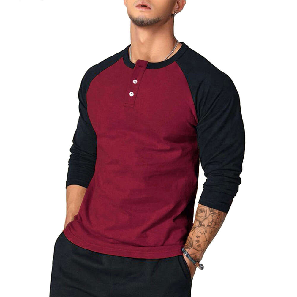 Ouma New Slim Fit Round Neck Long Sleeve T-Shirt with Arm Color Blocking Personality Style Casual Base Shirt for Men