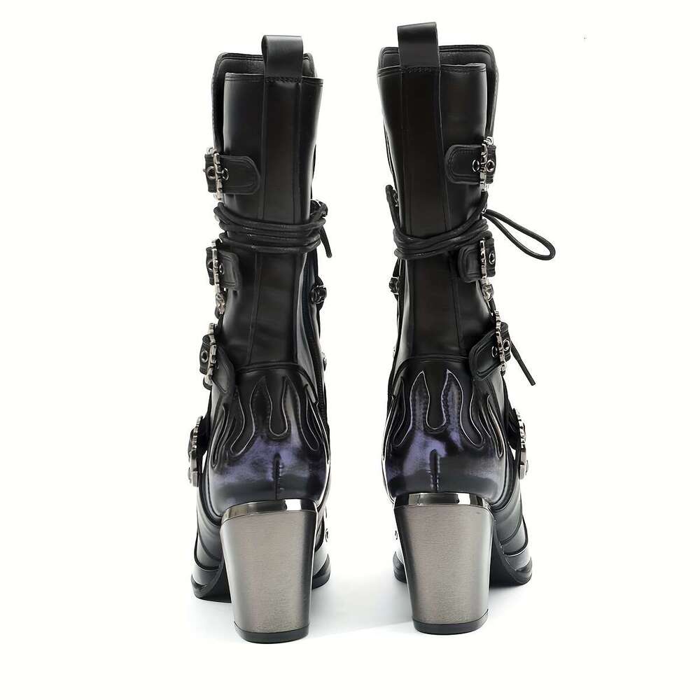 Women's Mid-Calf Faded Flame Design, Side Zipper Toe, 8.0Cm Chunky Heel, Versatile Footwear, Casual Trendy Pointed Toe Highquality Material, Dura