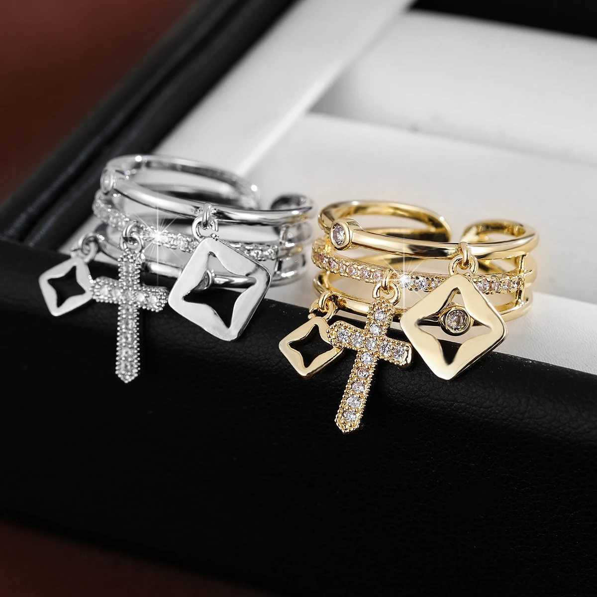 Unique crucifix Multi Layer Opening Ring Adjustable Womens Ring with Synthetic ZirconiaW251030