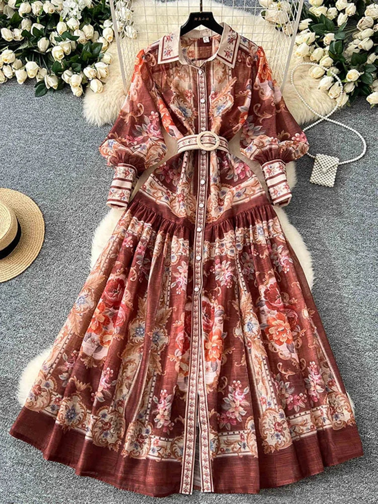 Retro Court Printed Lapel Lantern Sleeve Cinched Waist Single Breasted Dress Womens Long Sleeved Elegant A299 251027