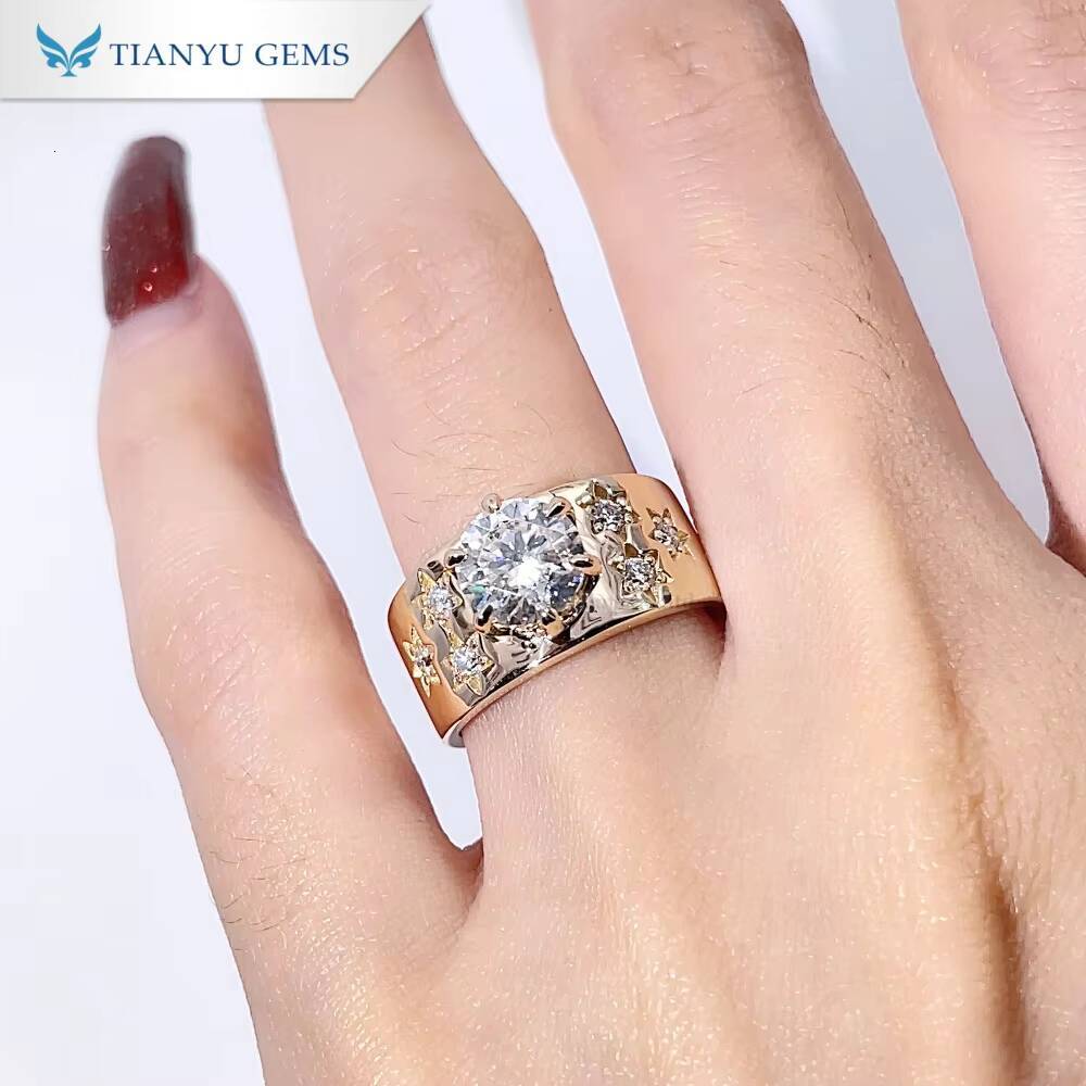 Tianyu Gems Pure Yellow Gold Carved Stars with Diamond Wide Band Men Ring
