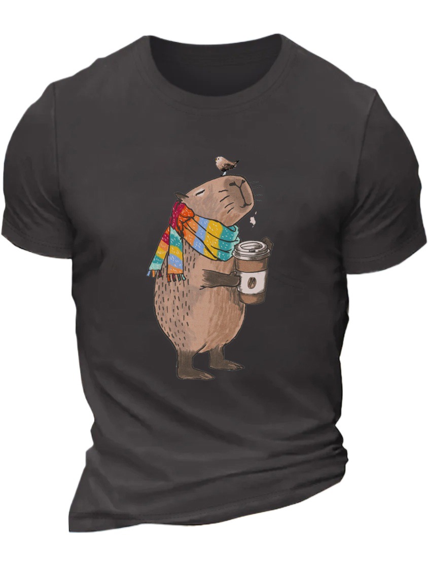 European & American Oversized Men's Fun Animal Print Coffee-Colored Cotton Crew Neck Loose-Fit Casual T-Shirt - TT7528