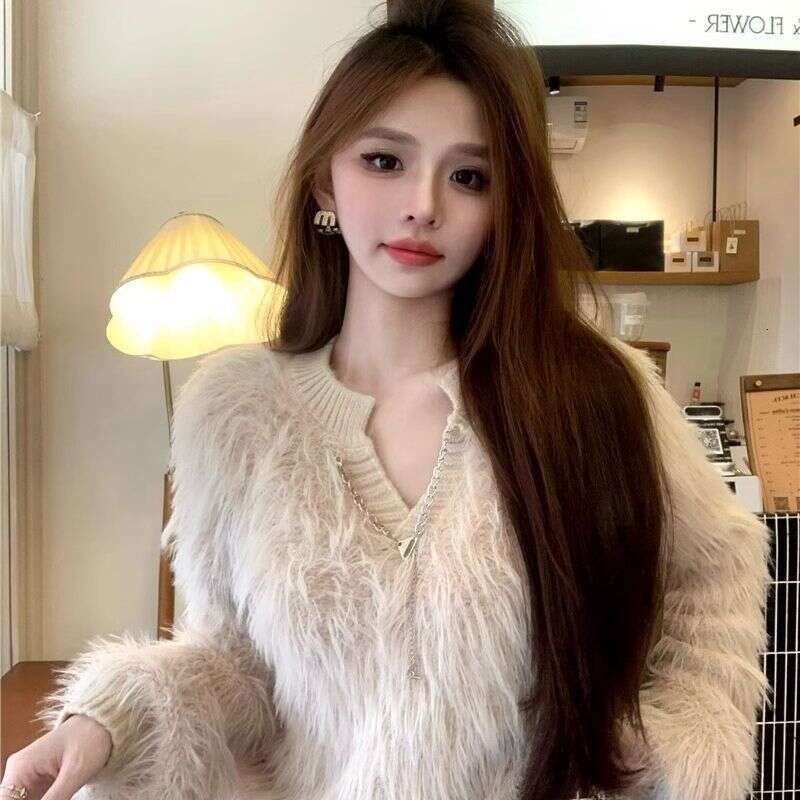 Design Sense Waterproof Mink Wool Sweater for Women, Autumn and Winter New Lazy Style Korean Version Fuzzy Knitted Pullover Outerwear Top