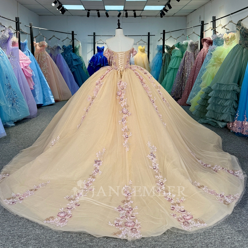 Champagne Shiny Quinceanera Dresses Off The Shoulder Sequin Applique Lace Beading Tull Party Birthday Sweet 16 Dress Vestido