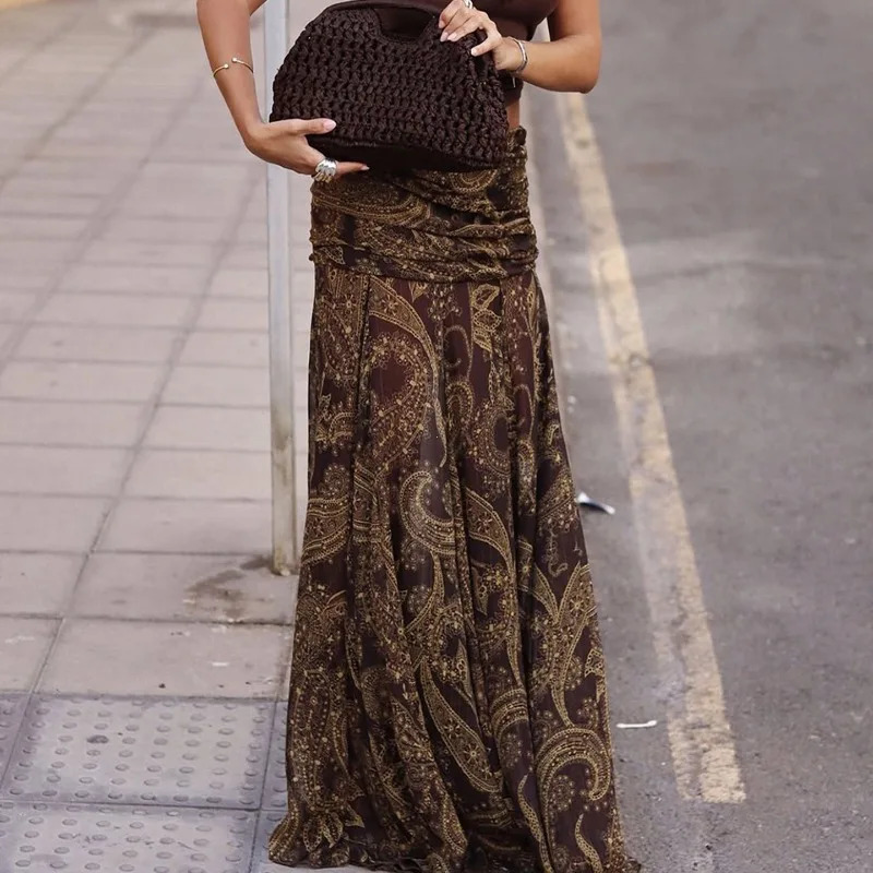 Irregular Printed Big Swing Long Skirts for Women High Waist Buttock Cover ALine Maxi Skirt Female Vintage Bottom Clothes 251028