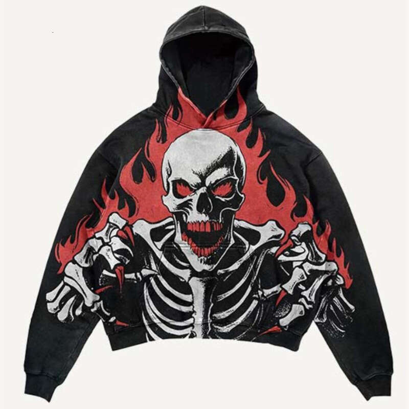 Blue Green American Vintage Hoodie Gothic Skull High Street Oversized Unisex Streetwear Pullover Casual Baggy Sleeve Sweatshirt