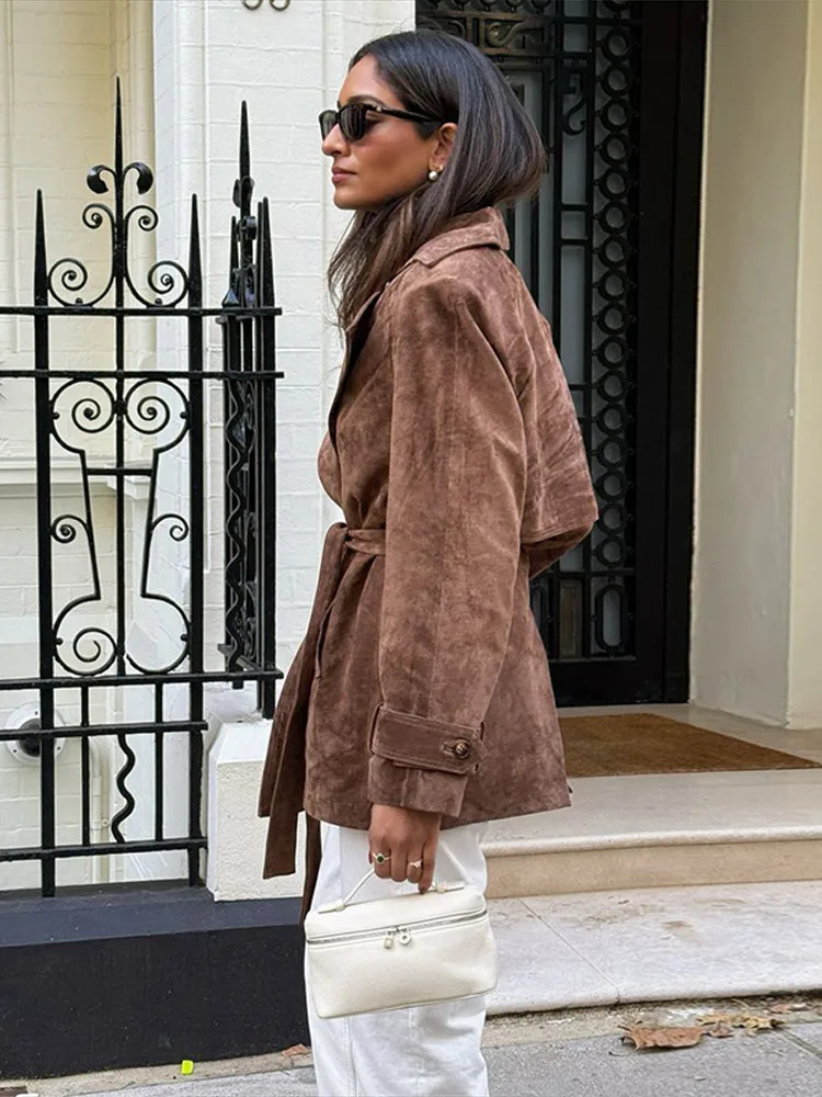 Retro Suede Long Trench Coat With Belt Women Lapel Doublebreasted Jacket With Pockets 2025 Autumn Winter Lady Solid Outwear 251029