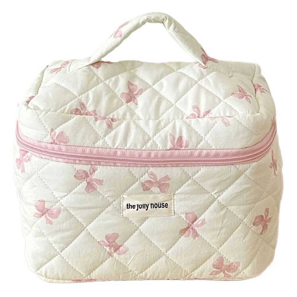 Cute Bow Toiletry Bag with Zipper Makeup Organizer Storage Bag Cotton Quilted Cosmetic Organizer Case for Women and Girls J251115