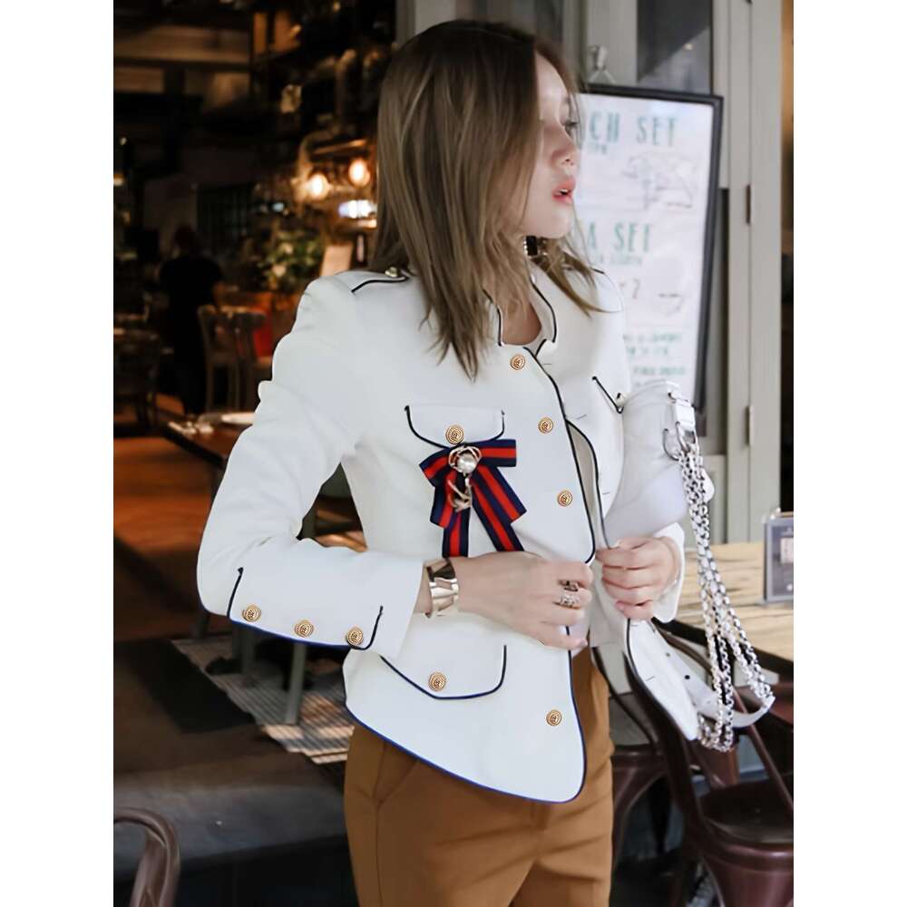 Elegant Women S Slim Fit Long Sleeve With Bowknot Detail Non Stretch Fabric Single Breasted Placket Stand Collar Solid Color Perfect For Spring Fall