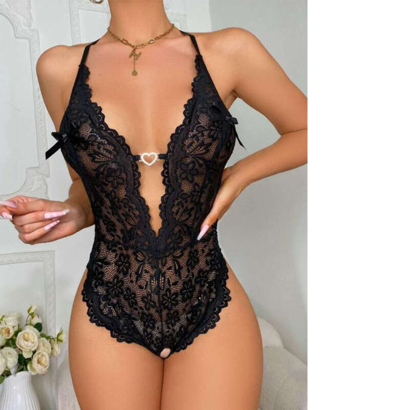 Lace Sexy Lingerie Lace Perspective Hollow V Neck Cute Nightwear Home Fur Pure Sexy Style One Piece Split Fun Underwear