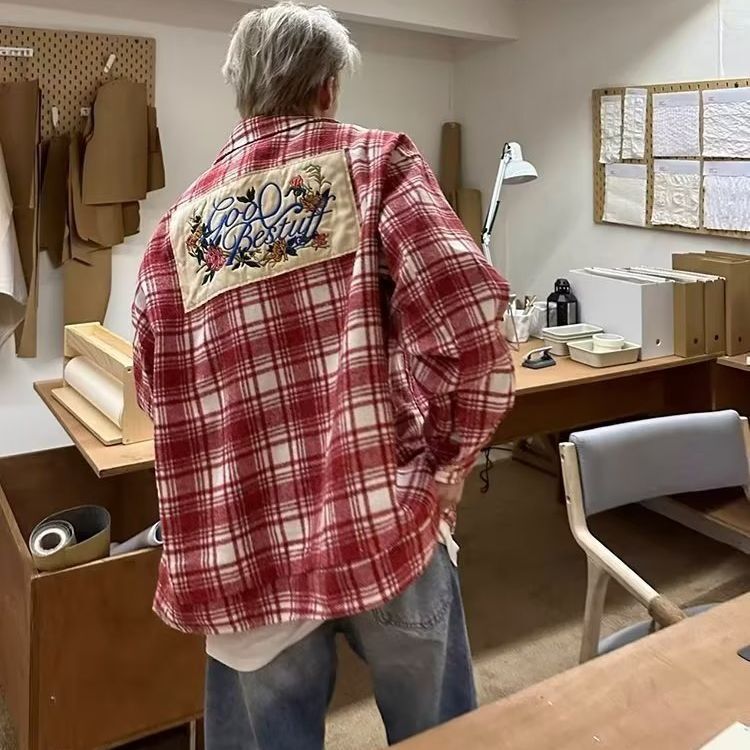 2025 New American High Street Color Block Design Plaid Long Sleeve Shirt Autumn Designer Coat Unisex Loose Trendy Jacket