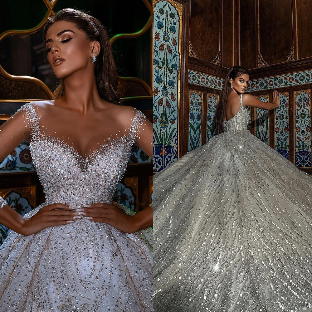 Luxury Crystal Ball Gown Wedding Dress Customized Sparkly Sequins Beads Bridal Dresses Backless Wedding Gowns