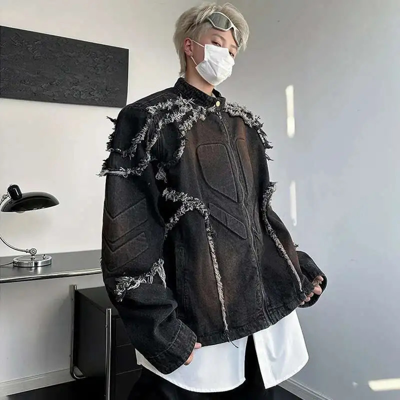 LUZHEN American Tassel Burr Shoulder Pad Motorcycle Jacket Wornout Personalized High Street Short Denim Top Men LZ8149 251029