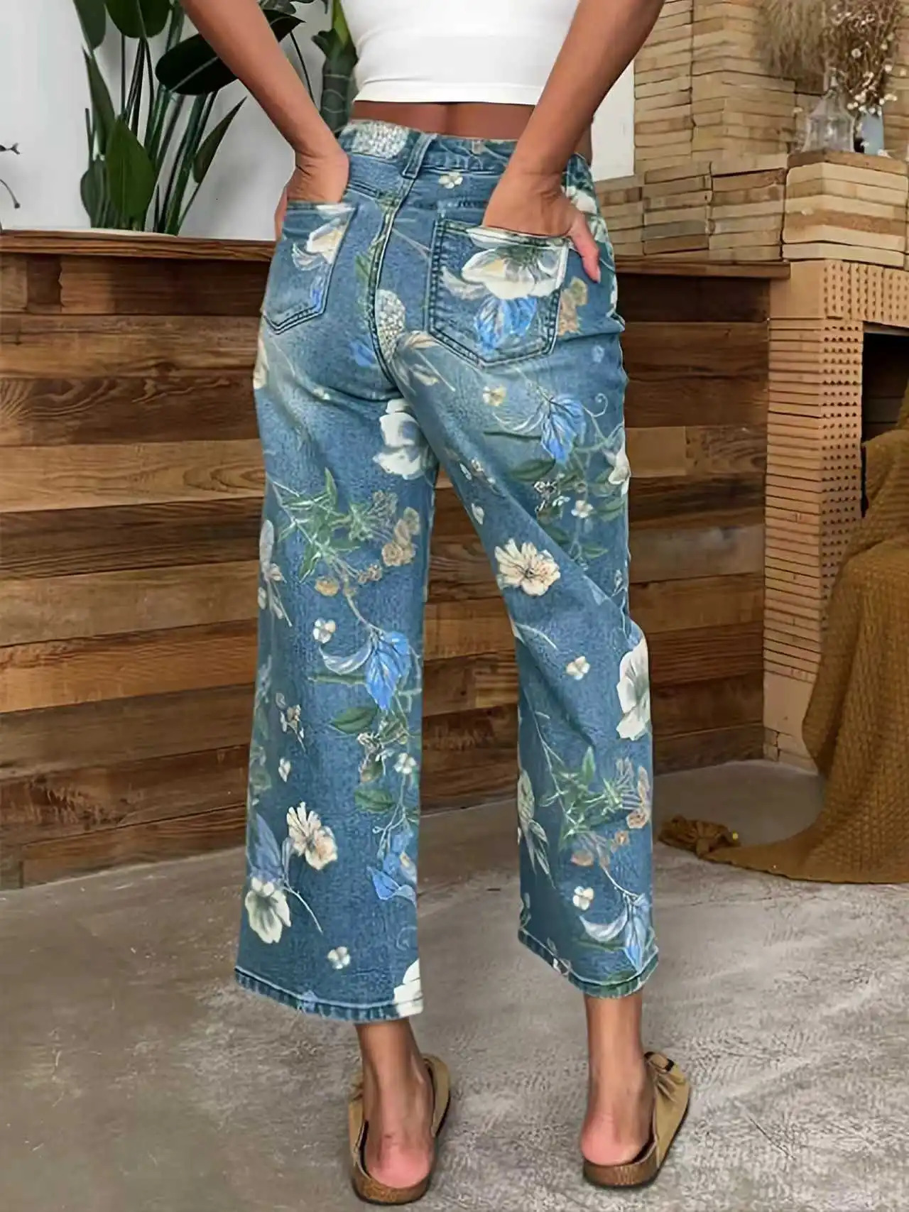 Ladies flowerprinted wideleg jeans Loosefitting fashionable nonstretchy midrise vintagestyle denim long pants 251029