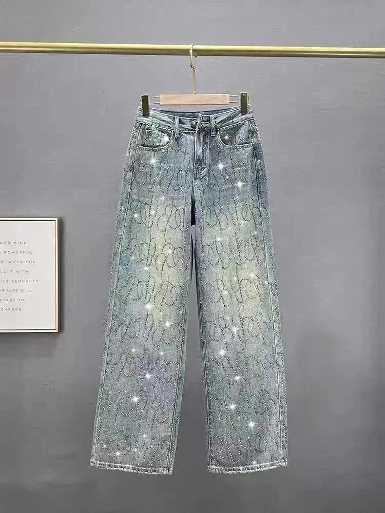 Women Diamond Jeans Shiny High Waist Loose Wide Leg Denim Pants Blue Rhinestone Mopping Pant Streetwear Fashion Trousers Outwear 251029