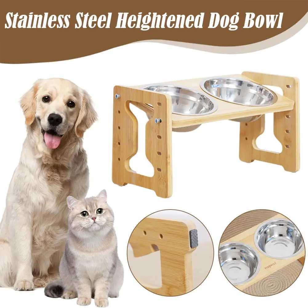 Elevated Dog Feeder Bowls Adjustable Raised Stand Wood Bowl Water Pet Cat Accessories Double Stainless Food Dog Steel D0H5 J251113