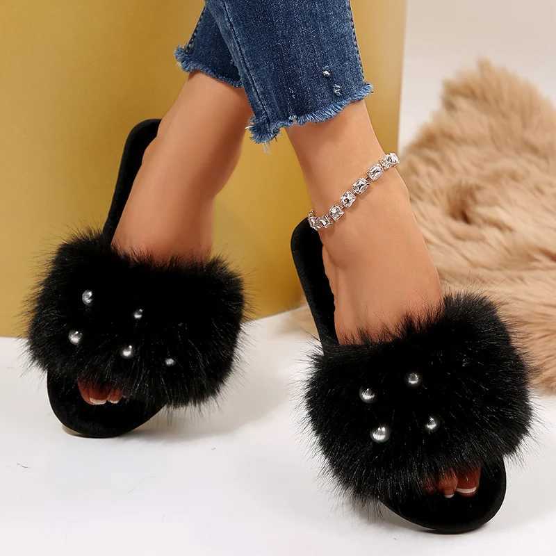 2025 Elegant Pearls Cotton Slippers for Women Winter Indoor Plush Home Slides Open Toe Soft Sole Cotton Slippers for Ladies H251030