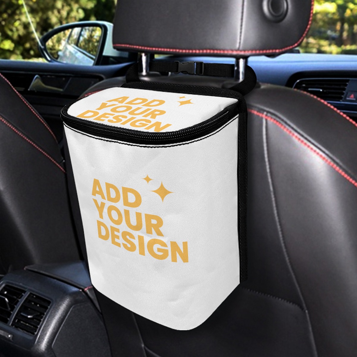 Car Hanging Trash Can with Adjustable Strap, 100% Polyester Waterproof Auto Garbage Bin, Zipper Top Vehicle Organizer