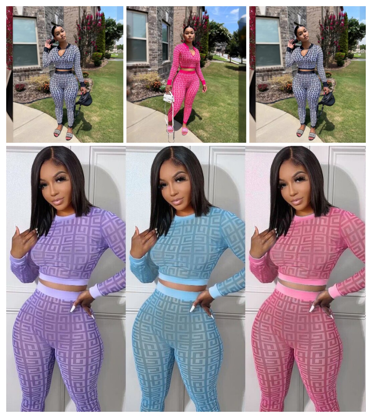 Women's Tracksuits Autumn And Winter Stretch Knitted Outfits For Women Printed Suit Long-sleeved Tight Sports Yoga two piece set women Set
