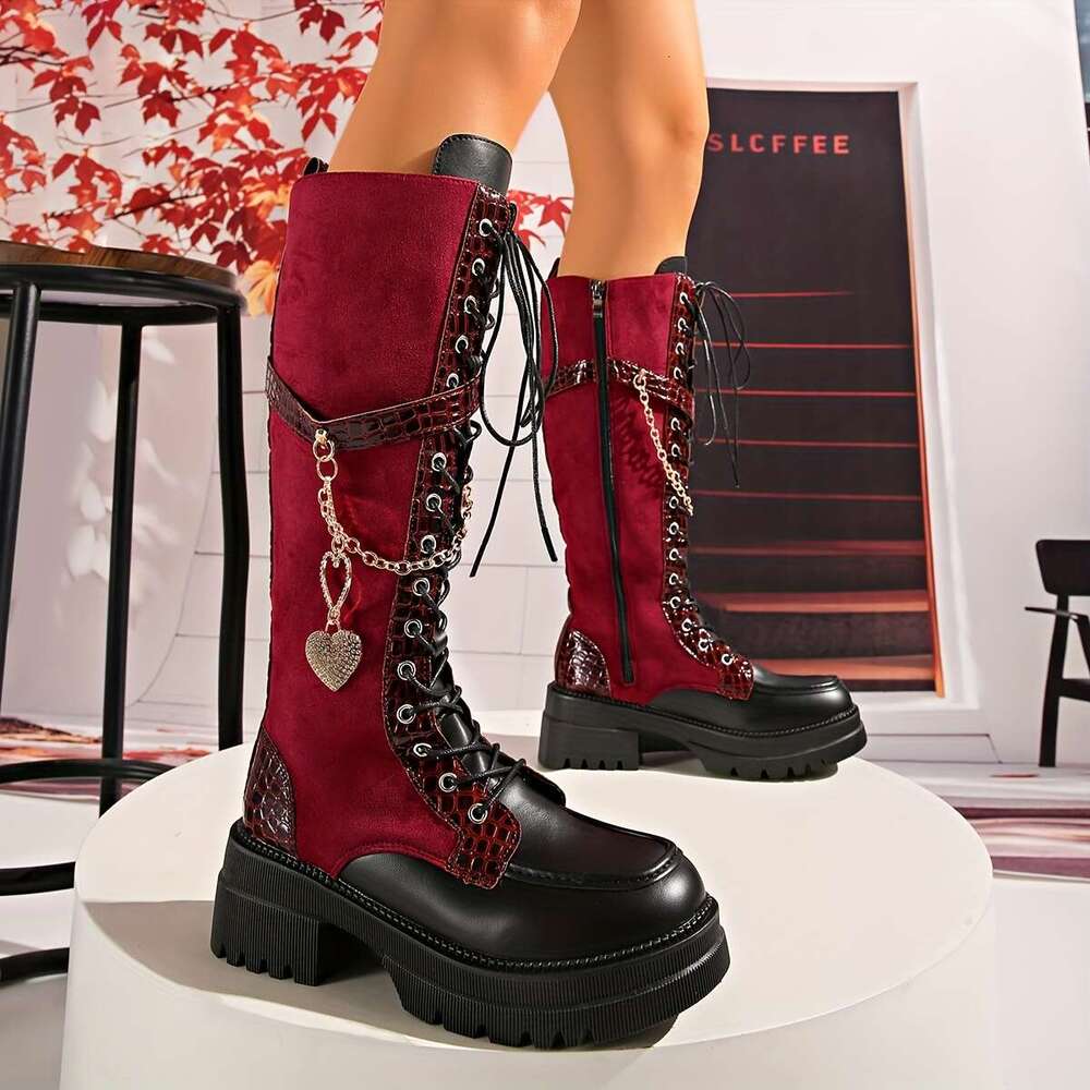 Women's Winter New Solid Color Patchwork Lace-Up Heart Metal Chain Side Zipper Thick Sole Chunky Heel Knee-High Boots, Fashionable Versatile Casu