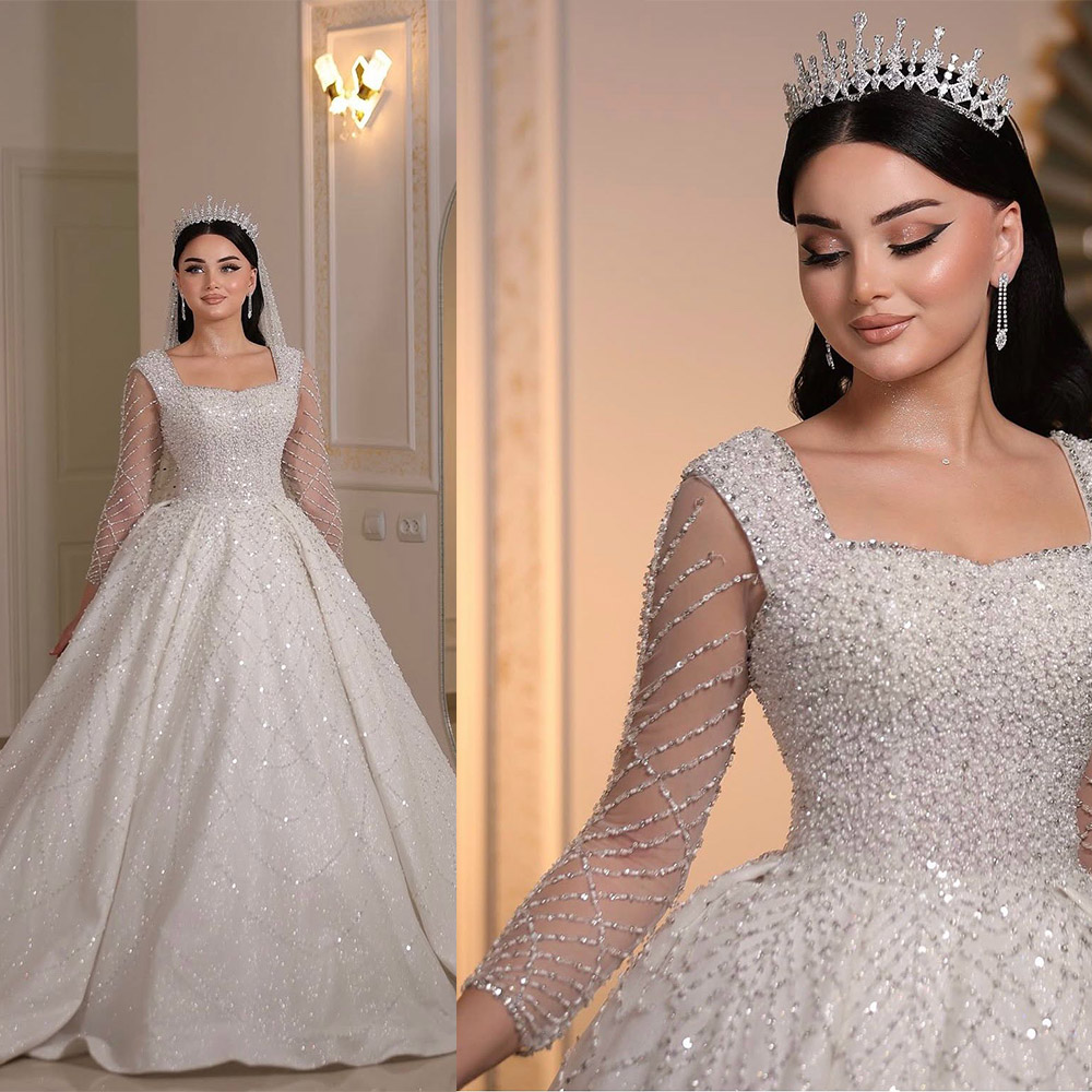 Gorgeous A Line Women Wedding Dress Square Neck Long Sleeves Bridal Gowns Sequins Beaded Sweep Train Dress Custom Made vestidos de novia