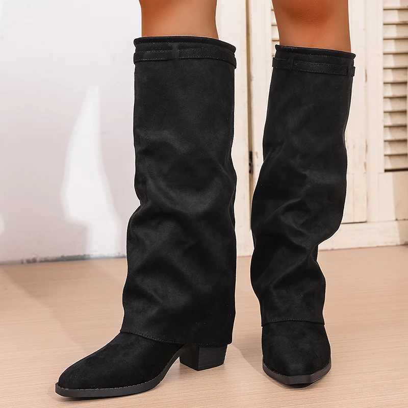 Fashion Slip On High Heeled Knee High Boots Women Autumn Winter High Tube Rider Boots Woman Pointed Toe Thick Heel Long Botas Z251029