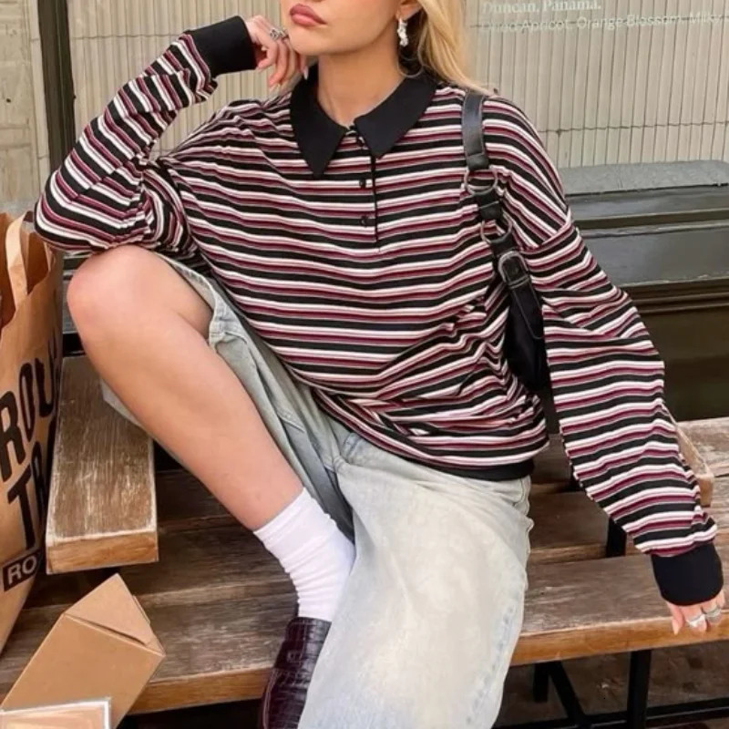 Women Striped Rugby Shirt Lapel Collar Vintage Oversize Long Sleeve Pullover Y2k Tee Casual Sweatshirts 251030