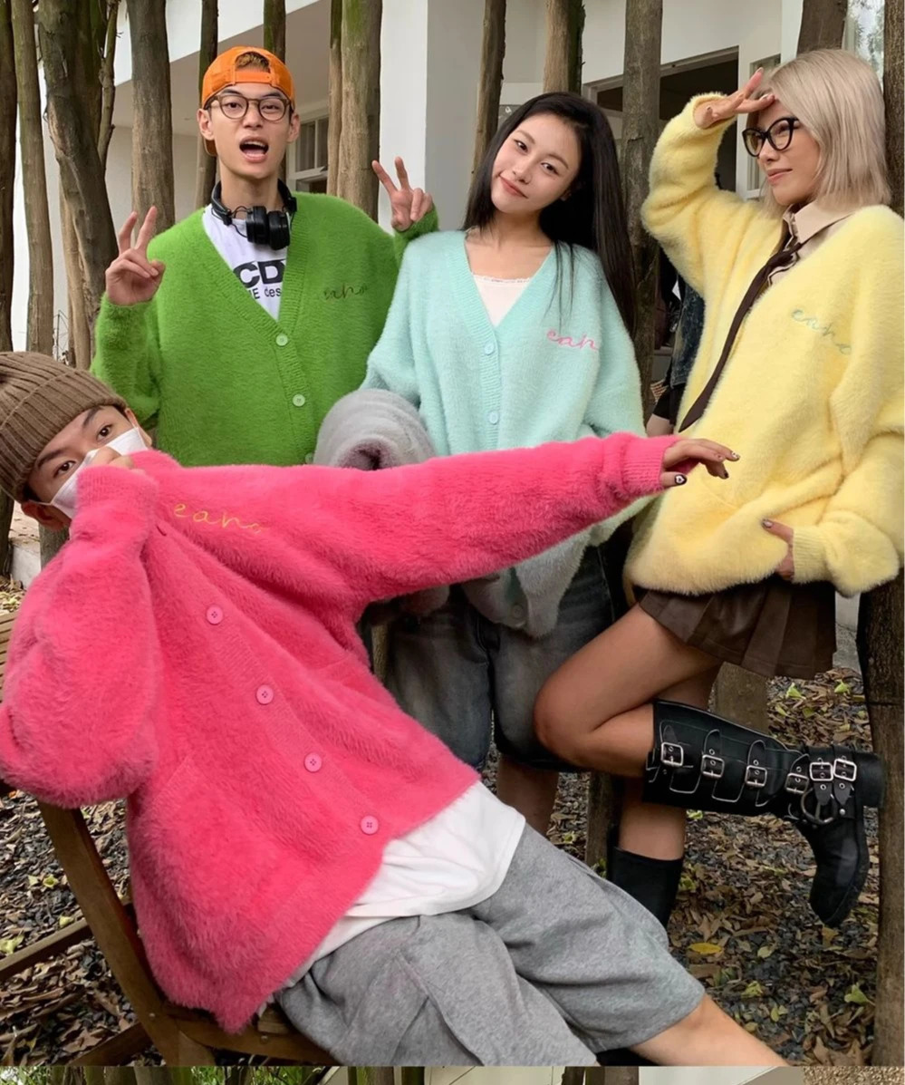 Autumn and Winter Soft Waxy Sweater Dopamine Color Mohair Knitted Cardigan Street Casual Men and Women Couple Lazy Sweater 251029