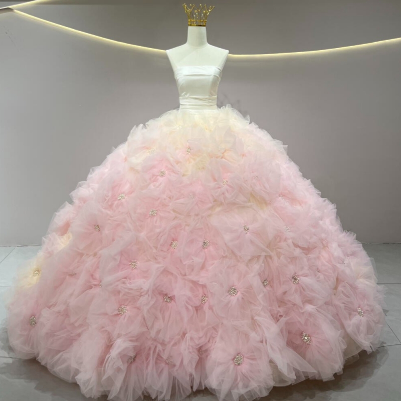 Pink Quinceanera Dresses Off The Shoulder Beading Crystal Tiered Party Birthday Sweet 16 Dress Vestidos 15 Anos